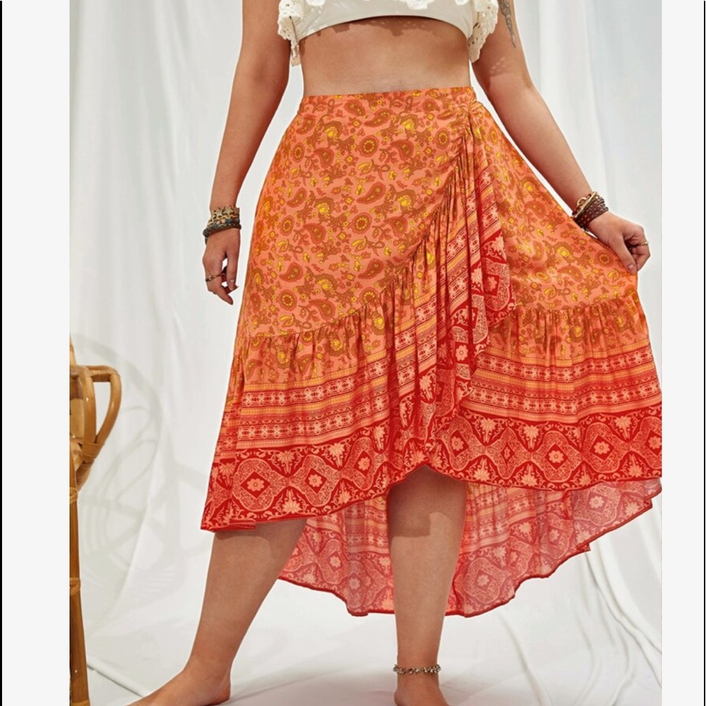 Boho Plus Size Orange Ruffle Hem Maxi Skirt - Picture 9 of 12